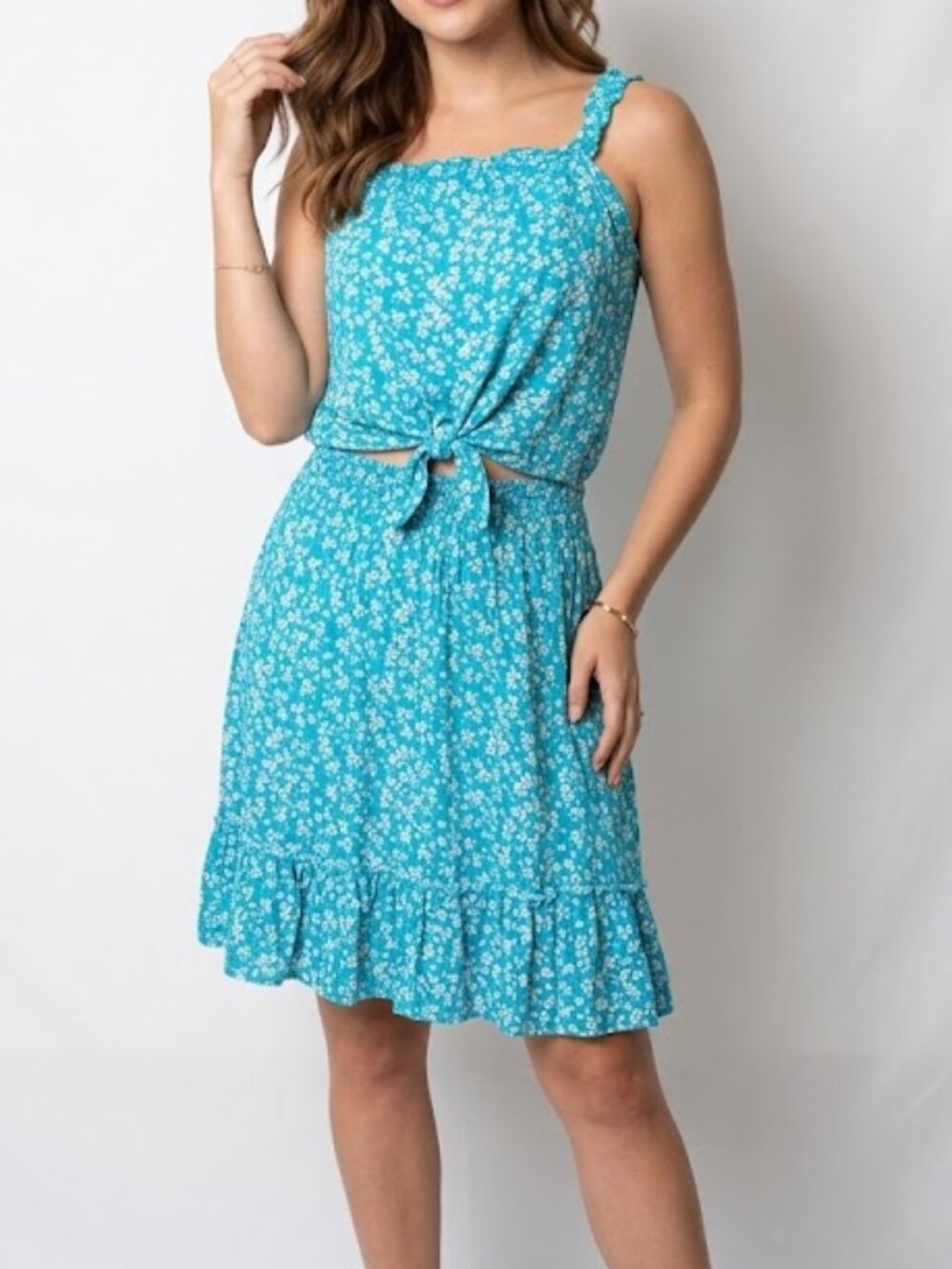 SO Authentic American Heritage Turquoise Floral Tie Front Ruffle Sundress Size L